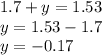 1.7 + y = 1.53 \\ y = 1.53 - 1.7 \\ y = - 0.17