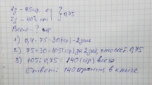 Даша прочитала в 1 день 75 страниц книги, во 2 день 40% прочитаного в 1 день. сколько всего страниц