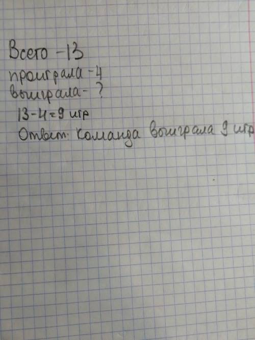 Реши . футбольная команда старт сыграла 13 игр, из которых 4 проиграла, а остальные -выиграла. сколь