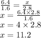 \frac{6.4}{1.6} = \frac{x}{2.8} \\ x = \frac{6.4 \times 2.8}{1.6} \\ x = 4 \times 2.8 \\ x = 11.2