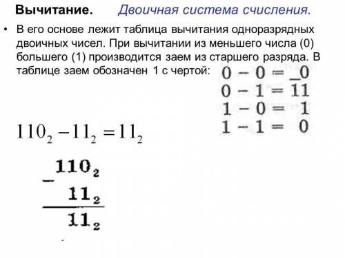 Вычитание двоичных чисел производят по правилам