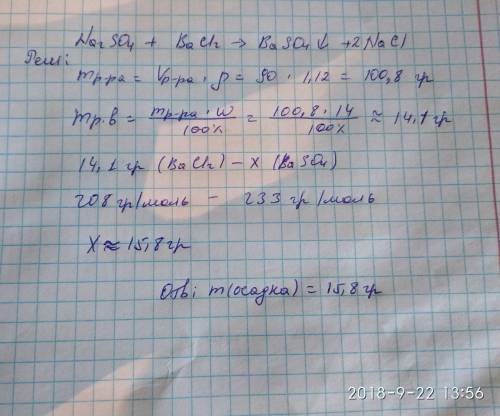 Дано: раствор сульфата na с раствором bacl2 ,обьем 90мл, масовая доля 14%, p(раствора)= 1,12г/см3. н