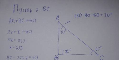 Один из углов прямоугольного треугольника равен 60 градусов,а сумма гипотенузы и меньшего катета рав