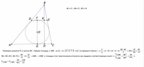 Втреугольник со сторонами 13 см, 14 см, 15 см вписана окружность, к которому проведена касательная п