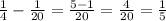 \frac{1}{4} - \frac{1}{20} = \frac{5 - 1}{20} = \frac{4}{20} = \frac{1}{5 }