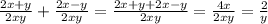 \frac{2x + y}{2xy} + \frac{2x - y}{2xy} = \frac{2x + y + 2x - y}{2xy} = \frac{4x}{2xy} = \frac{2}{y}