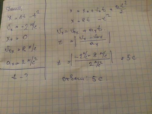 Напишите с дано и решением.. зависимость координаты точки от времени х = 8t-t2 ( все величины в си )
