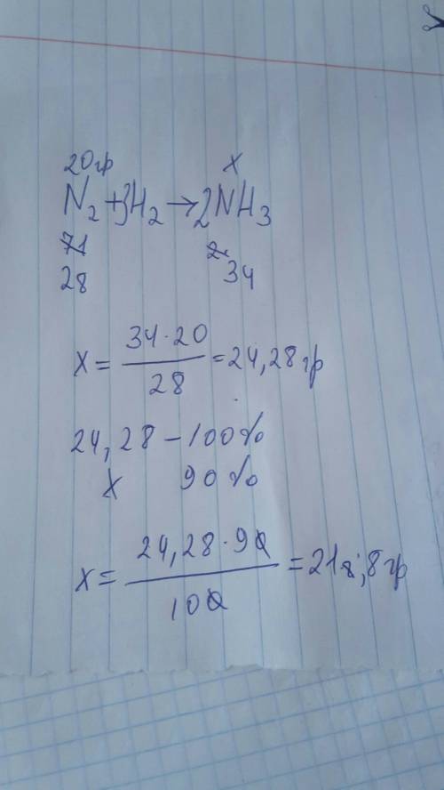 Через 20г азота пропустили водород,определите массу полученного аммиака,если выход продукта реакции
