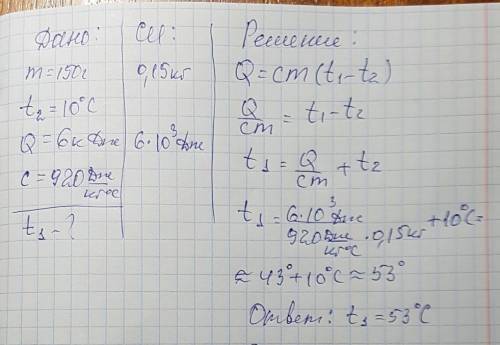 При охлаждении куска алюминия массой 150 г до температуры 10°c выделилось 6 кдж теплоты. определи, к