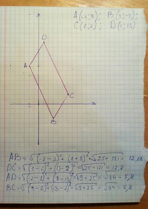 Доведіть що чотирикутник аби це де з вершинами в точках a(-2; 8),b(3; - 3)c(6; 2) і d(1; 13) паралел