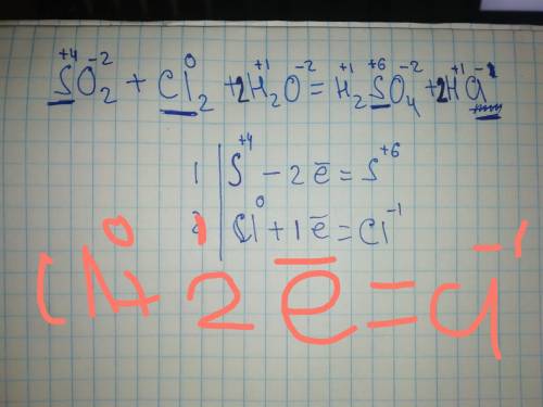 Расставить коэффициенты методом электронного : so2+cl2+h2o=h2so4+hcl