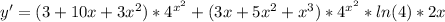 y'=(3+10x+3x^2)*4^{x^2}+(3x+5x^2+x^3)*4^{x^2}*ln(4)*2x