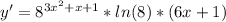 y'=8^{3x^2+x+1}*ln(8)*(6x+1)