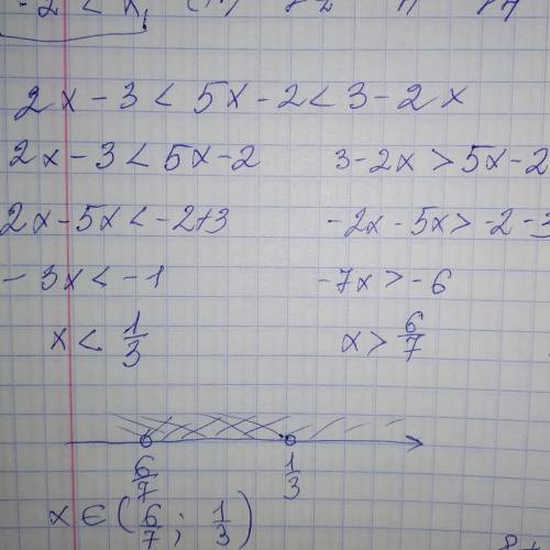 Решите двойное неравенство 2x-3< 5x-2< 3-2x