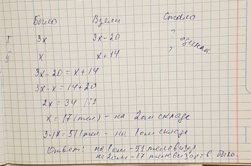 На первом складе было в 3 раза больше телевизоров, чем на втором. когда с первого склада взяли 20 те