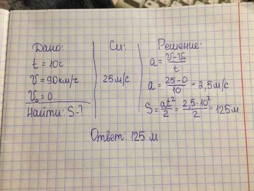 Решить автомобиль двигаясь равноускоренно из состояния покоя набирает скорость 90км/ч за 10с. считая