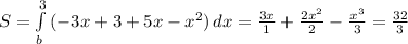 S=\int\limits^3_b {(-3x+3+5x-x^2)} \, dx=\frac{3x}{1}+\frac{2x^2}{2}-\frac{x^3}{3}=\frac{32}{3}