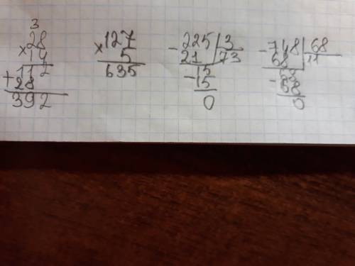 Выполните действия. 28•14, 127•5, 225: 3, 748: 68 и в столбик