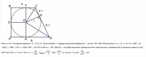 Докажите, что площадь прямоугольной трапеции, описанной около окружности, равна произведению ее осно