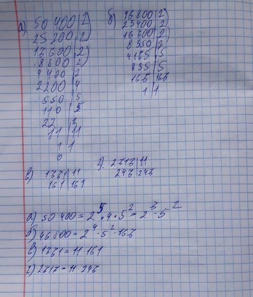 Разложите на простые множители числа : а)50400, б)46800,в)1771,г) 2717