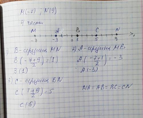 Определи координаты точек a, b, c(отложенных от точки m), которые делят отрезок mn на четыре равные