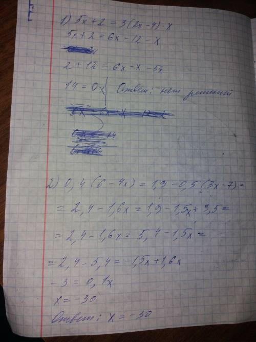 Решите 1) 5x+2=3(2x-4)-x 2)0,4(6-4х)=1,9-0,5(3х-7)