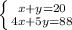 \left \{ {{x+y=20} \atop {4x+5y=88}} \right.