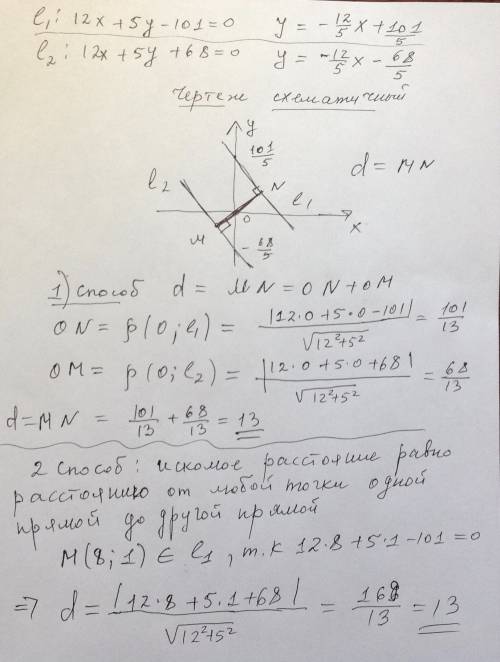 Найдите расстояние между двумя параллельными прямыми 12х+5у-101=0 12х+5у+68=0