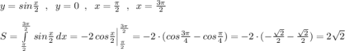 y=sin\frac{x}{2}\; \; ,\; \; y=0\; \; ,\; \; x=\frac{\pi}{2}\; \; ,\; \; x=\frac{3\pi }{2}\\\\S=\int\limits^{\frac{3\pi }{2} }_ {\frac{\pi }{2}}\, sin\frac{x}{2}\,dx=-2\, cos\frac{x}{2}\Big |_{\frac{\pi }{2}}^{\frac{3\pi }{2}}=-2\cdot (cos\frac{3\pi }{4}-cos\frac{\pi }{4})=-2\cdot (-\frac{\sqrt2}{2}-\frac{\sqrt2}{2})=2\sqrt2