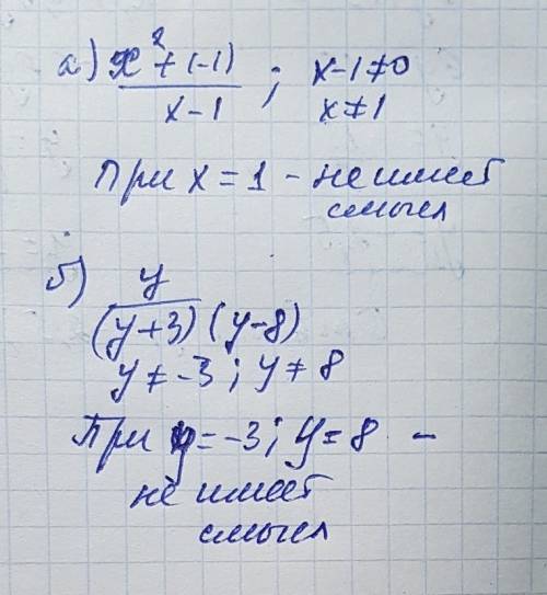 При каких значениях переменной дробь не имеет смысла? 1) а) х^2+-1 /х-1 б) y/( y+3)(y-8)2)