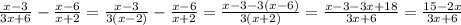 \frac{x - 3}{3x + 6} - \frac{x - 6}{x + 2} = \frac{x - 3}{3(x - 2)} - \frac{x - 6}{x + 2} = \frac{x - 3 - 3(x - 6)}{3(x + 2)} = \frac{x - 3 - 3x + 18}{3x + 6} = \frac{15 - 2x}{3x + 6}