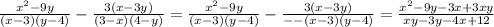 \frac{x^2-9y}{(x-3)(y-4)}-\frac{3(x-3y)}{(3-x)(4-y)}=\frac{x^2-9y}{(x-3)(y-4)}-\frac{3(x-3y)}{--(x-3)(y-4)}=\frac{x^2-9y-3x+3xy}{xy-3y-4x+12}