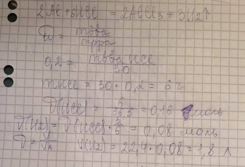 Вычислить объём газа, образовавшегося при взаимодействии алюминия с 30г 20% раствора соляной кислоты