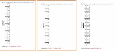 Перевести десятичные дроби из десятичной системы счисления в четверичную 0.123 0.333 0.9876