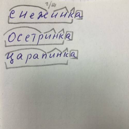 Разберите по составу слова снежинка ,осетринка, царапинка.и напишите почему именно так ини разбирают