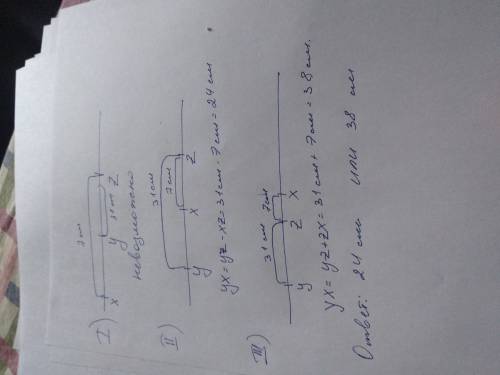 Три точки x,y и z лежат на одной прямой. известно что xz =7 см,yz=31 см. какой может быть длина отре