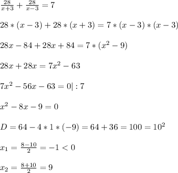 \frac{28}{x+3}+\frac{28}{x-3}=7\\\\28*(x-3)+28*(x+3)=7*(x-3)*(x-3)\\\\28x-84+28x+84=7*(x^2-9)\\\\28x+28x=7x^2-63\\\\7x^2-56x-63=0|:7\\\\x^2-8x-9=0\\\\D=64-4*1*(-9)=64+36=100=10^2\\\\x_1=\frac{8-10}{2}=-1