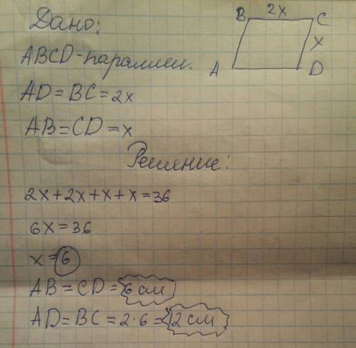 Найти стороны параллелограмма еслиодна сторона больше другой в 2 раза а периметр его 36 см с рисунко
