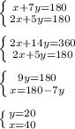 \left \{ {{x + 7y = 180} \atop {2x + 5y = 180}} \right. \\ \\ \left \{ {{2x + 14y = 360} \atop {2x + 5y = 180}} \right. \\ \\ \left \{ {{9y = 180} \atop {x = 180 - 7y}} \right. \\ \\ \left \{ {{y = 20} \atop {x = 40}} \right. \\