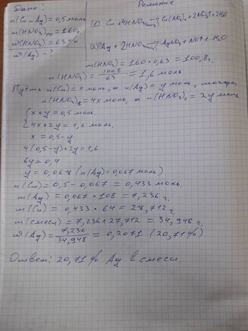 Определите массовую долю(%) серебра в начальной смеси, если 0,5 моль смеси серебра и меди вступает в