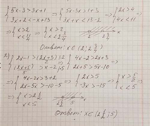 Решите системы неравенств: 1) 5x-3> 3x+1, 3x+2< -x+13 2) 2x-1> (2x+3)/2, (2x+5)/5> x-2 з