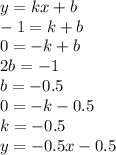 y = kx + b \\ - 1 = k + b \\ 0 = - k + b \\ 2b = - 1 \\ b = - 0.5 \\ 0 = - k - 0.5 \\ k = - 0.5 \\ y = - 0.5x - 0.5