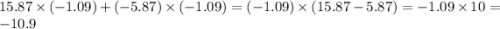 15.87 \times ( - 1.09) + ( - 5.87) \times ( - 1.09) = ( - 1.09) \times (15.87 - 5.87) = - 1.09 \times 10 = - 10.9