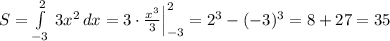 S=\int\limits^2_{-3}\, 3x^2\, dx=3\cdot \frac{x^3}{3}\Big |_{-3}^2=2^3-(-3)^3=8+27=35