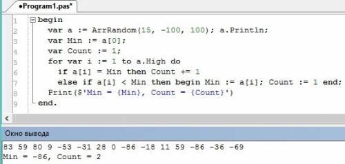 Впаскале выяснить количество минимальных элементов в массиве a в интервале(-100; 100).элементов 15