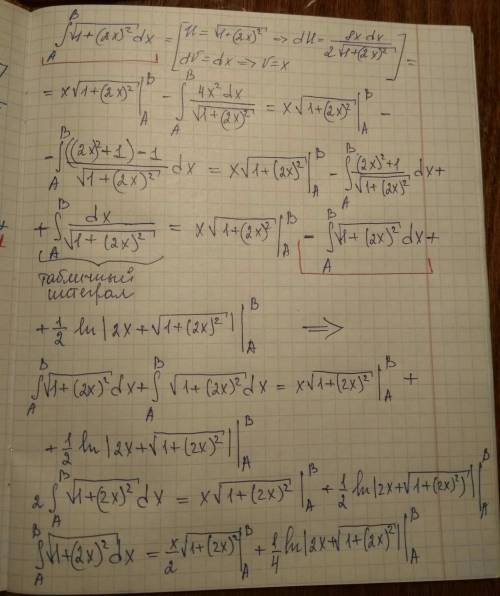 Найти определённый интеграл: (1+(2x)^2)^(1/2) от а до б