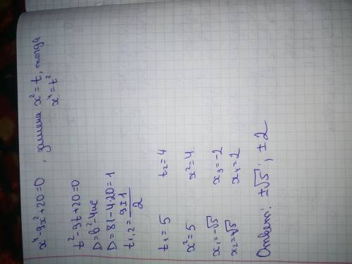 Решите уравнение x^4-9x^4+20=0 с дискриминантом