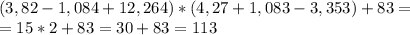 (3,82-1,084+12,264)*(4,27+1,083-3,353)+83=\\=15*2+83=30+83=113