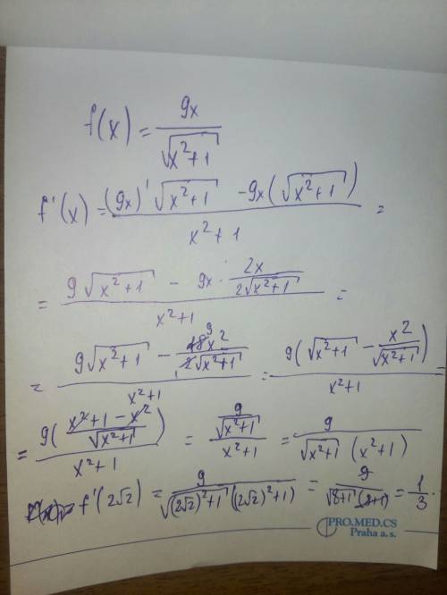 Найти производную функции при данном значении аргумента: f(x)=9x/√x^2+1, f'(2√2).