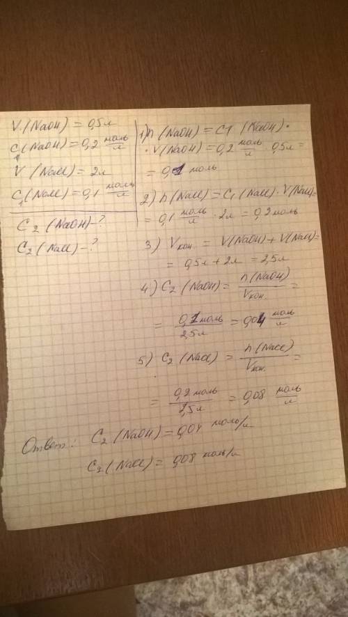 Смешали 2 раствора : 500 мл раствора naoh концентрации 0.2 моль/л и 2 л раствора nacl концентрации 0